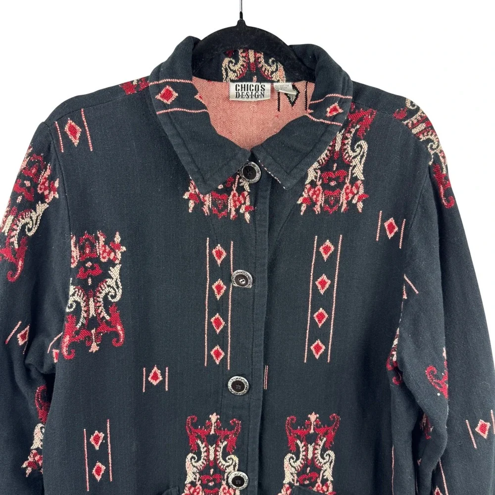 Chico's Design Jacket Womens 2 Large Black Red Tapestry‎ Cotton Blend Boho Artsy